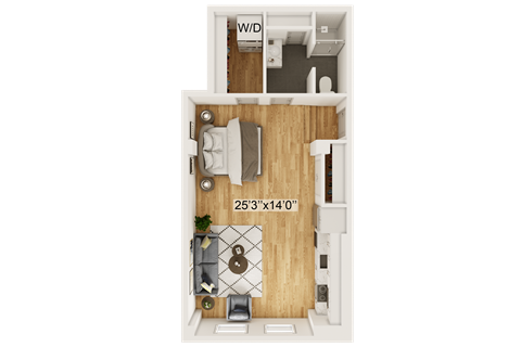 Floor plan for studio, 1 bath, 619 sqft